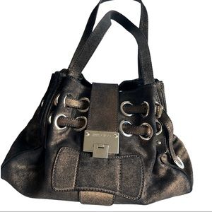 JIMMY CHOO Gold/Black Suede Riki Tote Handbag Shoulder Bag